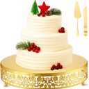 Wenqik 14 Inch Christmas Cake Stand Gold Metal Round Cupcake Dessert Stand with Cake Cutting, Spatula Xmas Cupcake Pastry Display Candy Holder Display for Xmas Wedding Birthday Party(flower, 14 Inch)