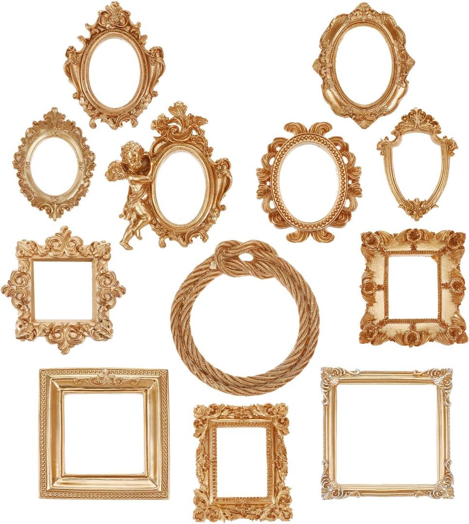 12Pcs Mini Gold Picture Frames,3-5" Vintage Resin Picture Frame,Flower Oval Rectangle Baroque Antique Gold Frames Jewelry Display Table Frame for Christmas Jewelry Home Wedding Holiday Party Decor