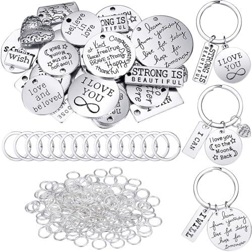 259 Pieces Inspirational Motivational Keychains Charms Pendant Bulk Keychains Inspirational Words Charms with Open Jump Rings Key Rings for Various DIY Necklaces Bracelets Jewelry Making Accessory