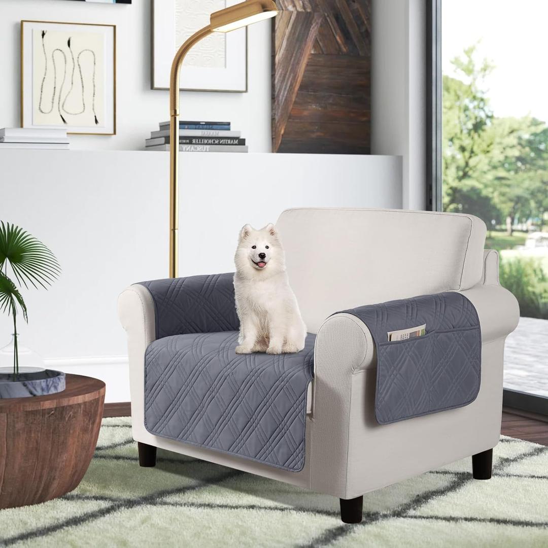 TAOCOCO Waterproof Chair Covers for Pets Dogs with Non Slip Backing, Chair Seat Covers with Side Pocket for 1 Seater Couch Washable Dog Couch Cover Protector Sofa Slipcovers(Chair, Dark Grey)