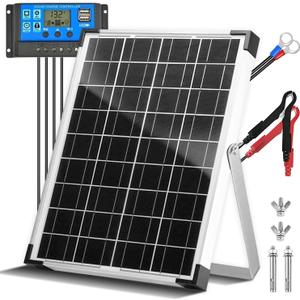 20W 12V/24V Solar Panel Kit, Monocrystalline Solar Battery Trickle Charger Maintainer +10A PWM Charge Controller + Adjustable Mount Bracket for Car, RV, Boat, Motorcycle, Off-Grid System