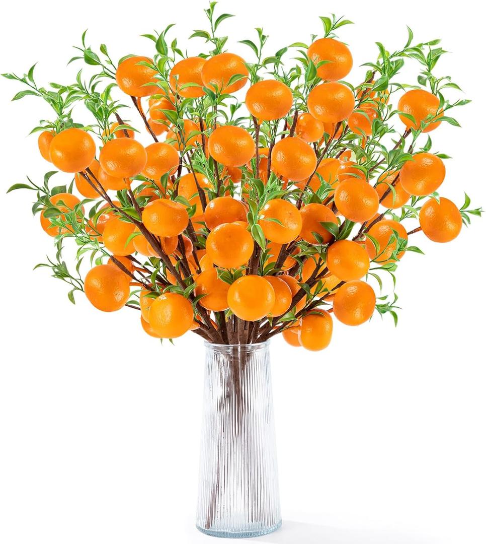 4Pcs Artificial Tangerine Branches, Lifelike Orange Branches with Green Leaf and Adjustable Branch, 11.8inch Fake Oranges for Home Kitchen, Graden, Desk, Party Decorations