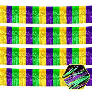 6P Gold Green Purple Wavy Metallic Foil Fringe Banner Tinsel Banner Backdrop Garland Curtains for Parade Floats Wedding Birthday Parties Decoration Halloween Christmas