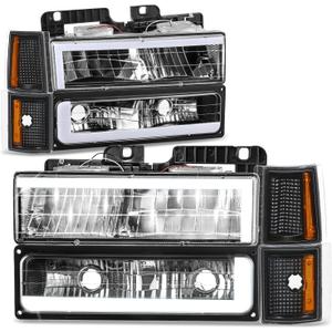 Auto Dynasty LED DRL Headlights Assembly Compatible with 1994-2000 GMC C/K Series Yukon Suburban, 8Pcs Composite Headlamps w/Bumper Lamps, Dual C-Style Running Lights, Black Housing Amber Corner
