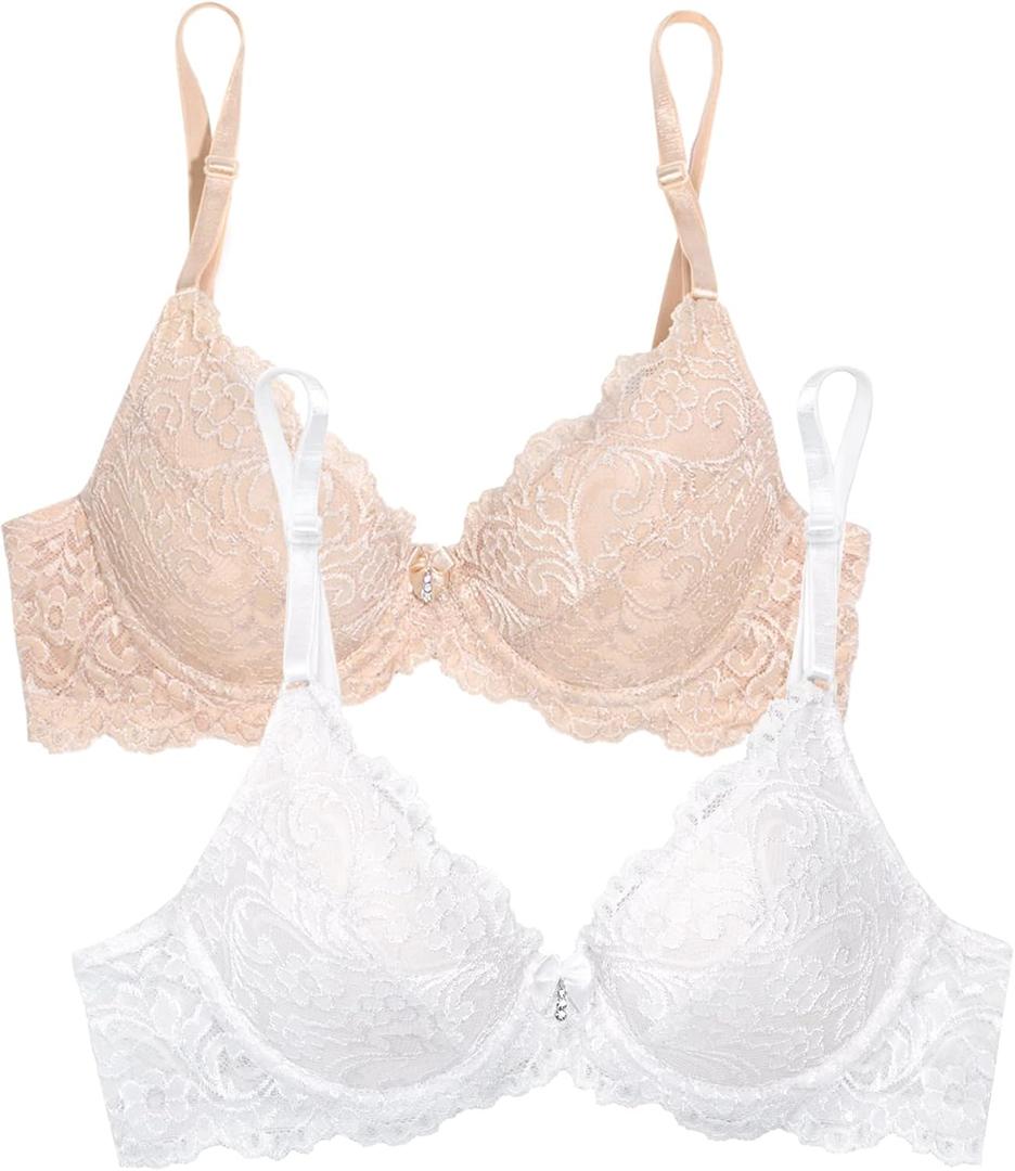 Smart & Sexy Women's Signature Lace Push-up Bra-Perfect for Seeking Effortless Style and Comfort (34D, In the Buff/White 2pk)