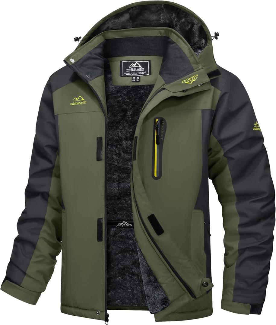 MAGCOMSEN Men's Winter Jacket Ski Snow Waterproof Fleece Coats Snowboard Warm Parka Raincoats with Hood 5 Pockets (X-Large, Army Green)