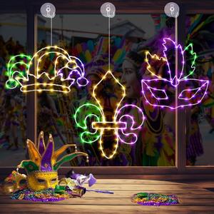3 Pcs Mardi Gras Window Decorations Mardi Gras Lights Fleur De Lis Masquerade Mask Clown Hat Hanging Light up with Suction Cup Battery Operated Indoor for Home Decor