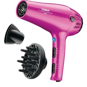 Conair Hair Dryer with Retractable Cord, 1875W Blow Dryer, 3 Heat Settings, 2 Speeds, Blow Dryer with Diffuser and Concentrator Attachments, Ionic + Tourmaline Technology, purple