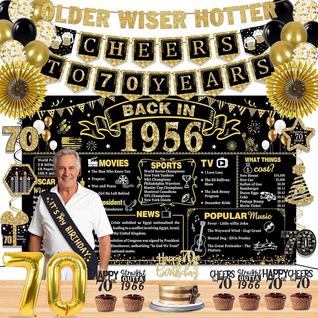 70th Birthday Decorations for Men Women, 36 Pcs Back in 1956 Birthday Party Decorations, Black Gold Happy 70th Banner,Vintage 70th Birthday Table Decorations ,Cake Topper, Sash Party Supplies