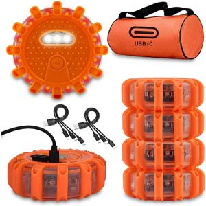 Ecoangel USB-C Rechargeable LED Road Flares Emergency Lights-Large Capacity (Lithium Battery) 3 in 1 Cable Roadside Warning Car Safety Beacon Flashing Disc Kit with Magnetic Base for Vehicles