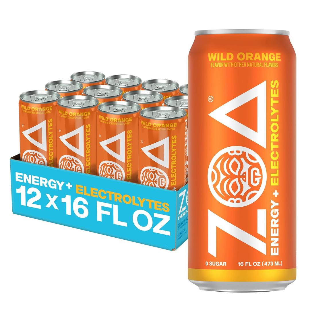 ZOA Zero Sugar Energy Drink, Wild Orange, 12 Pack, 16 Fl Oz Cans, BBD AUG 04/26