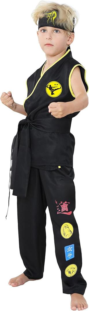 Costume Karate Dress Up Uniform With Headband Belt Pretend Play Halloween Party Cosplay Outfit for Kids (X-Large, Black)
