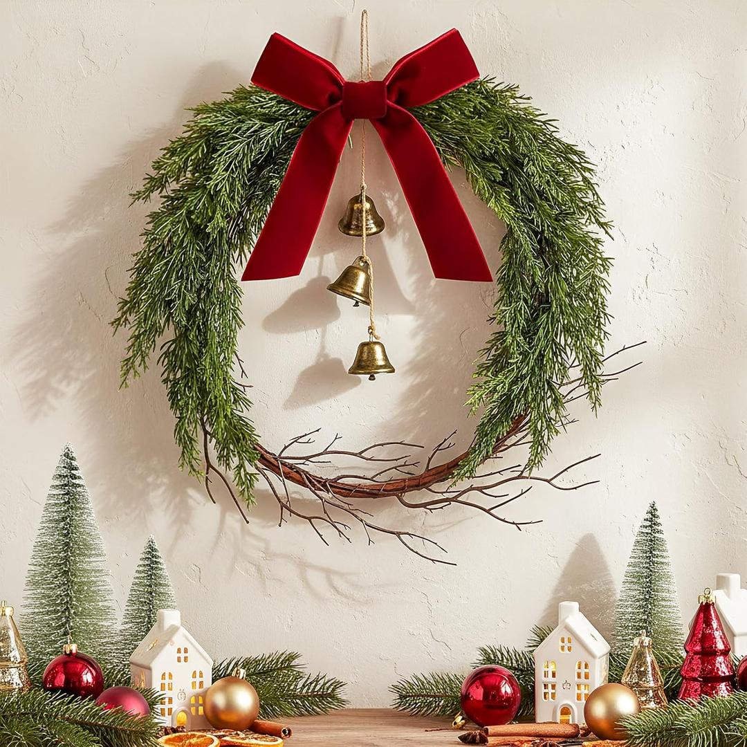 Suncalla 12 Inch Christmas Cypress Wreath with Red Velvet Ribbon Twig and Hanging Bells Christmas Wreath for Front Door Farmhouse Rustic Window Table Wall Mantel Holiday Xmas Decorations