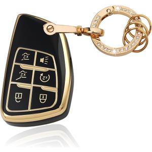 6 Button TPU Key Fob Cover with Bling Ring, Compatible with 2021 2022 2023 2024 2025 GMC Yukon Denali Sierra, Fit for Chevy Silverado Suburban Tahoe Buick, Black