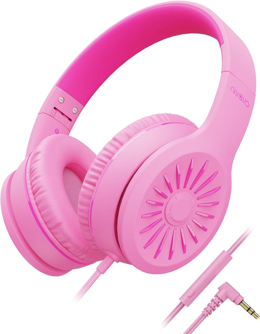 Wired Headphones with Microphone, K16 On-Ear Headphones for Kids with 3.5MM Jack, Foldable Stereo Bass Headphone for Teens School Amazon Kindle, Fire, Chromebook, Tablet (Pink Red)