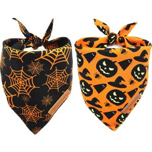 Realeaf Halloween Dog Bandanas 2 Pack, Pumpkin and Spider Web Bibs, Triangle Reversible Fall Pet Scarf, Premium Durable Fabric, Adjustable Fit (X-Large)