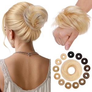Hairro Messy Bun Hair Piece Human Hair, 100% Real Ponytail Scrunchies Natural Curly Chignon Fluffy Donut Updo, Hairpiece with Elastic Rubber Band for Women, 1 Count Bleach Blonde