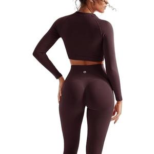 SUUKSESS Women 2 Piece Workout Sets Hidden Scrunch Hip Lifting Seamless Leggings Long Sleeve Yoga Crop Tops Size L, Espresso