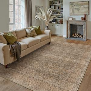 6x9 Area Rug Brown Machine Washable Living Room Bedroom Vintage Distressed Non Slip Carpet Indoor Large Low Plie Thin Dining Room Office Retro Accent Throw Rug