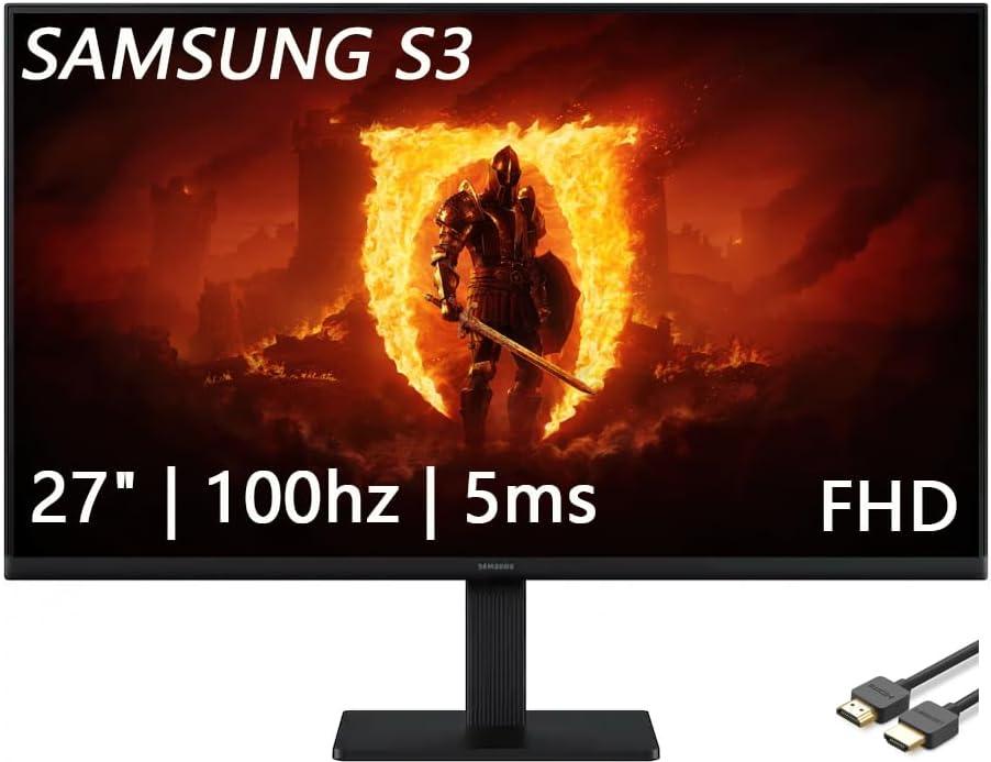 Samsung 27" S3 Series IPS LED FHD Monitor, Game Mode, Eye Saver Mode, HDMI, D-sub, 100Hz Refresh Rate, Black, with HDMI Cable