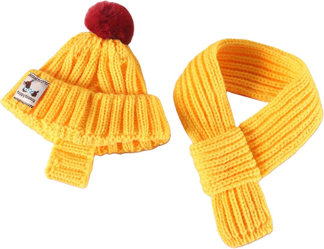 Dog Winter Hat Scarf Set Knitted Pet Hat New Year Winter Warm Cap Dog Costumes Neck Ear Warmer for Small Dogs Cats Pet Outfits for Small Dogs (Yellow) M