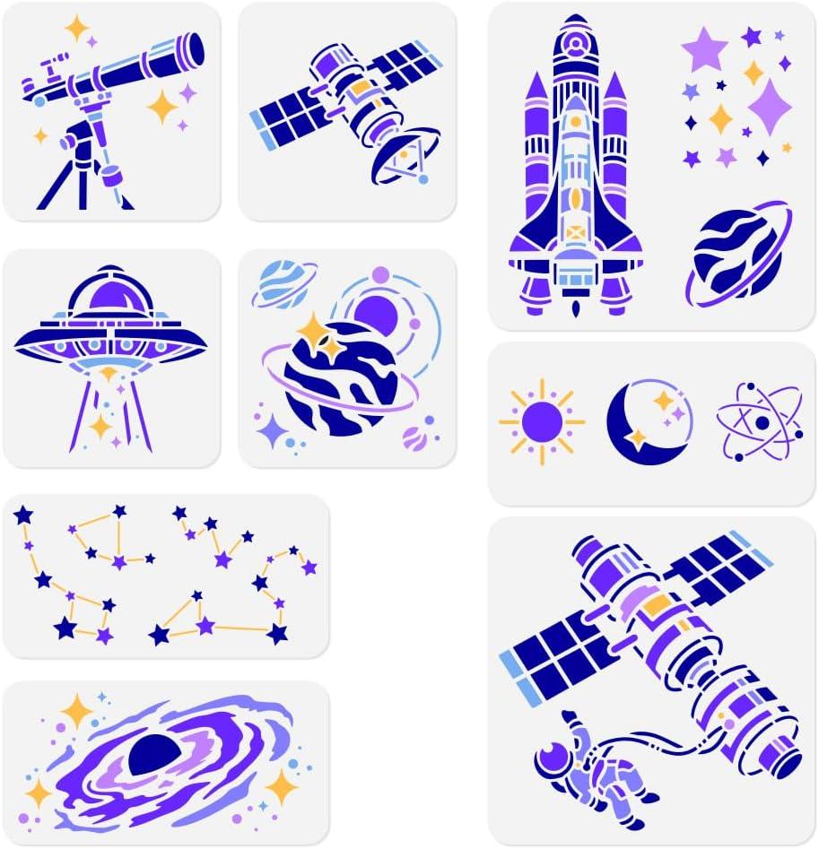 9 Pack Space Universe Planet Craft Stencil for Painting Reusable Plastic Aviation Themed Stencil for Painting on Wall Wood Fabric Canvas, DIY Home Decor Craft Stencil