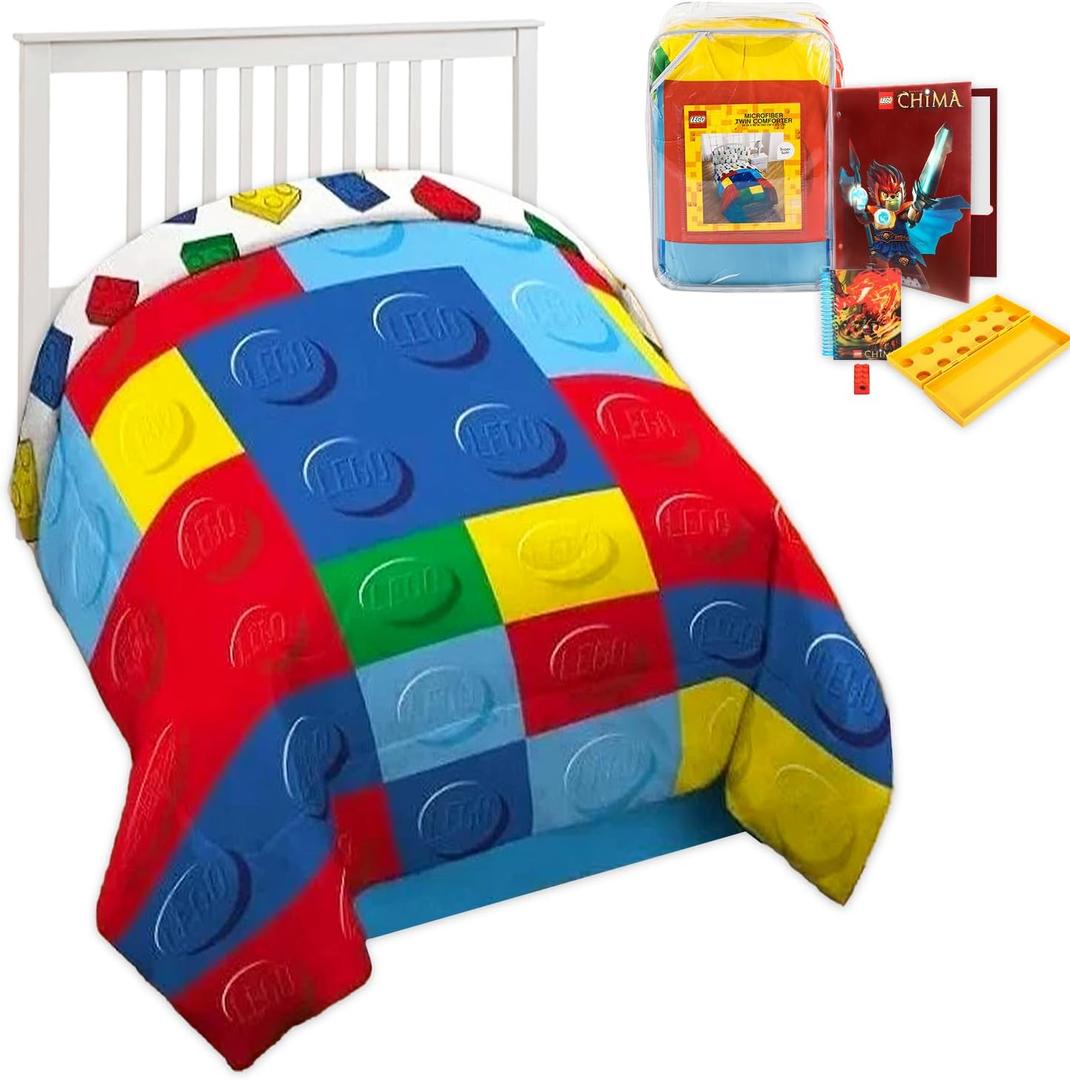 Franco Lego Bedding Set Twin Size Bed - Bundle Manufacturing Microfiber Twin Size Comforter Plus Folder, Mini Notebook, More | Lego Bedding and School Set for Boys
