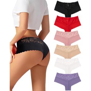 Sexy Underwear for Women Lace Cheeky Panties Breathable Bikini for Ladies 6 Pack (Black,nude,pink,purple,white,red)