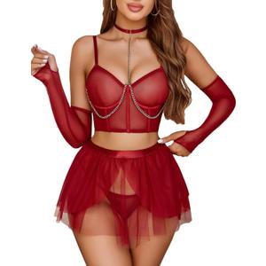 Avidlove Sexy Lingerie Sets Chain Linked Lingerie Set with Underwire Bond Corset Skirt Lingerie & Arm Sleeves & Thong (A Wine Red)