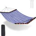 TegerDeger 12FT 2 Person Hammock Large Hammock Quick Dry 450LB Capacity with V Shaped Hardwood Spreader Bar & Nylon Rope for Outside, Patio, Garden, Backyard, Beach, Poolside - Blue Stripes