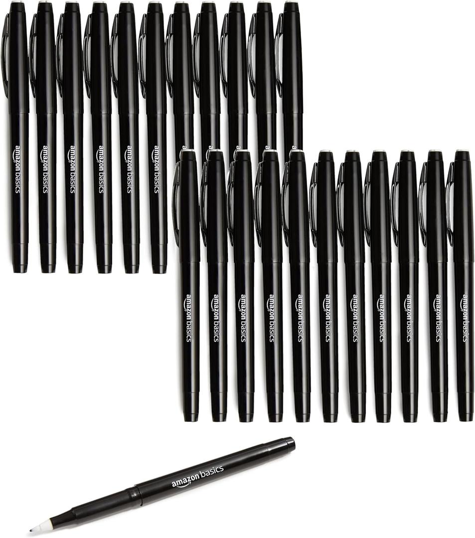 Amazon Basics Felt Tip Marker Pens, Black, Smooth Writing, for Writing, Drawing, Journaling and Note Taking, 24-Pack