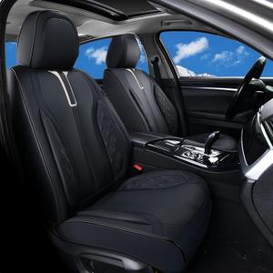 Doogo Front Seat Covers for Cars, Black Cars Seat Covers 2-Pack, Waterproof Leather Car Seat Cover Universal Interior Covers Fit for Most Sedan Truck SUV (Black&White line, 2PCS)