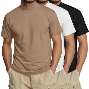 Ficerd 3 Pack Men's Turtle Neck Shirts, Short Sleeve Mock Turtleneck T Shirts Knitted Slim Fit Basic Undershirt Tops, Large