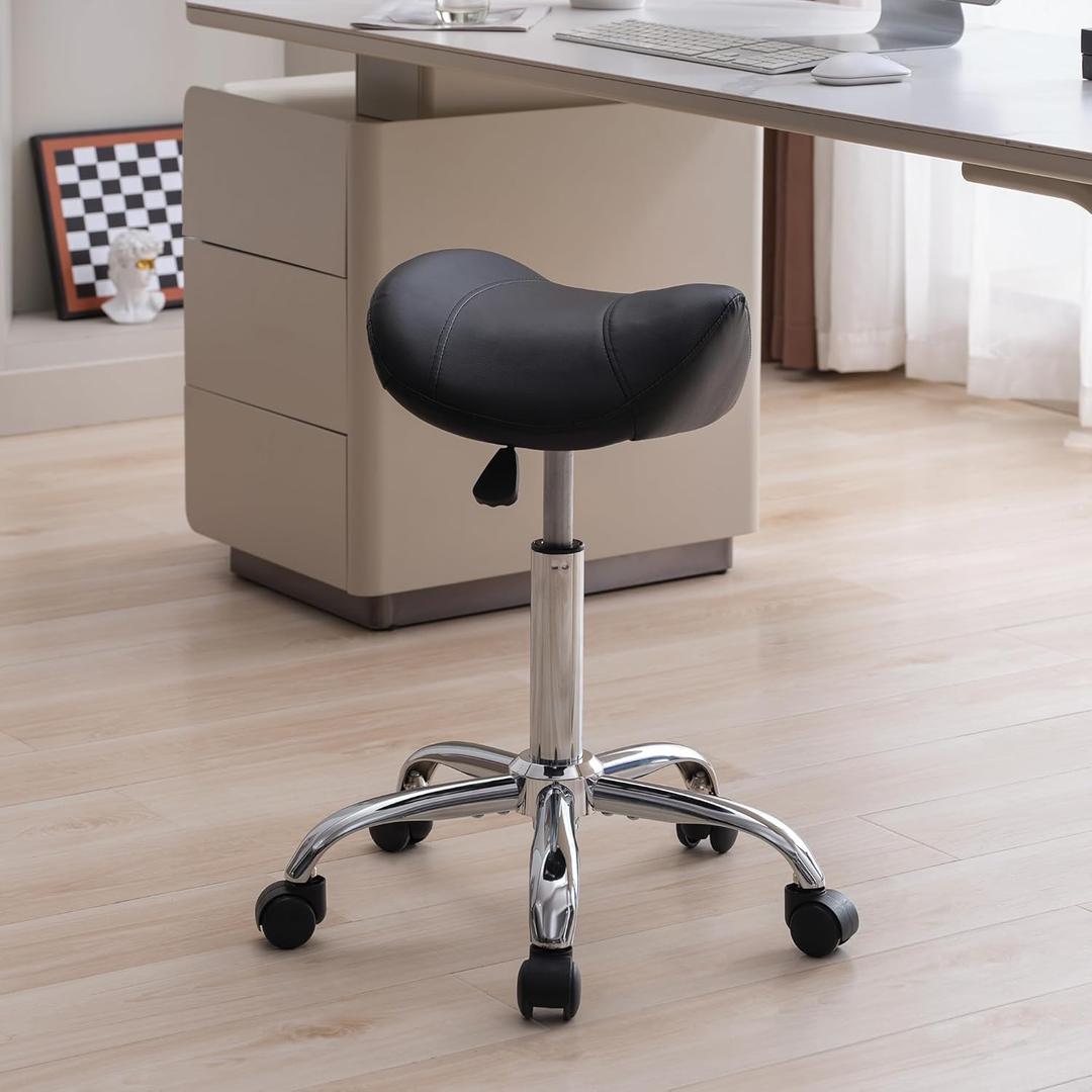 FIRAVOE Saddle Stool, Swivel Saddle Stools with Wheels, Adjustable Rolling Stool 18"-26", Faux Leather Rolling Saddle Stool for Salon, Massage, Clinic, Lab, Office (Black, 1PCS (18"-26"))