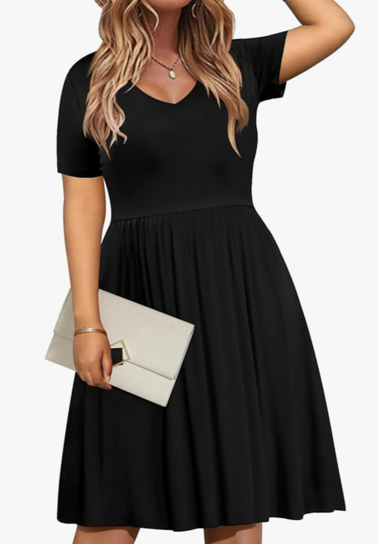 DB MOON Women Plus Size Dresses 2025 Summer Casual V Neck Short Sleeve Knee Length Dress with Pockets (L, Black)