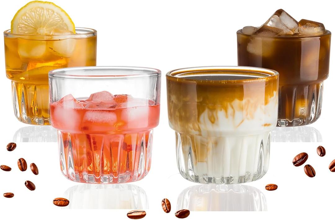 8oz Drinking Glasses Set of 4, Stackable Iced latte Coffee Glass, Cute Coffee Bar Accessories, Beer Glasses, Cocktail Glasses, Coffee Mugs for Latte, Tea, Water glasses for bar, restaurant