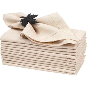 Lightnpro Flax Linen Napkins Set of 12 Hemstitched Dinner Cloth Napkins, Washable and Reusable Natural Flax Napkins for Dining, Parties, Weddings, Holiday & Everyday Use 18x18 Inch Natural Color