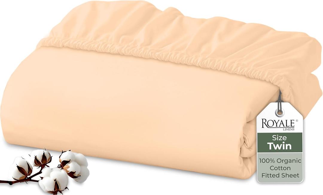 Royale Linens 100% Organic Cotton Fitted Sheet - Percale Weave - Super Soft Deep Pocket Bottom Sheets - Elastic Sheet Twin Size - Twin Fitted Sheets Only - (39"x75"+15", Sand)