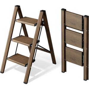 HillhutApex 3 Step Stool, Aluminum Foldable Step Ladder, Lightweight Stable Stool with Wide Non-Slip Pedals, 330lbs Bearing Capacity Ladder for Office,Home,Kitchen - Walnut