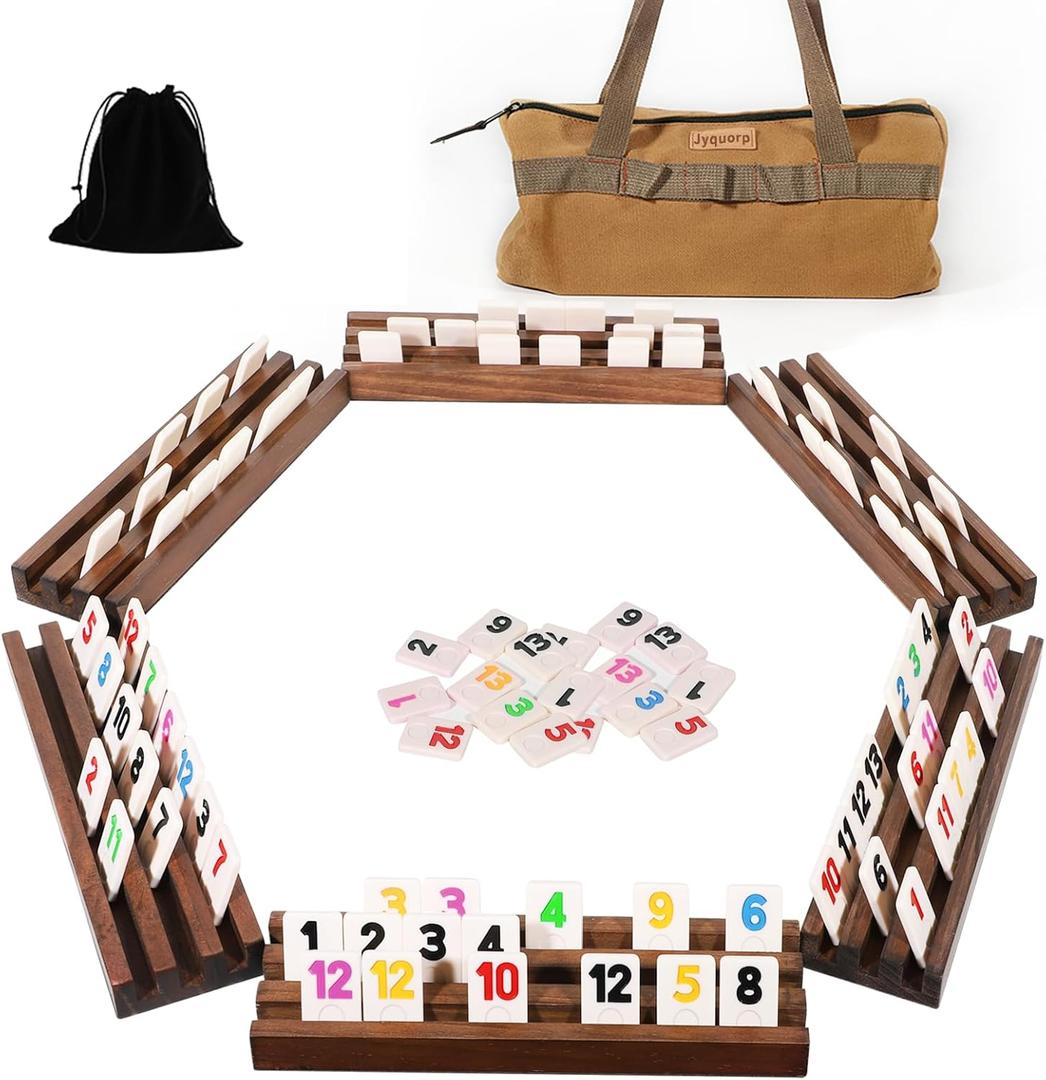 Jyquorp Rummy Cube 6 Player Edition with 6 Wooden Racks Trays 160 Numbers Rummy Tiles Set with Zippered Case Rummy Travel Game Set Classic Board Games for Family Adults Party (Burnt Color)