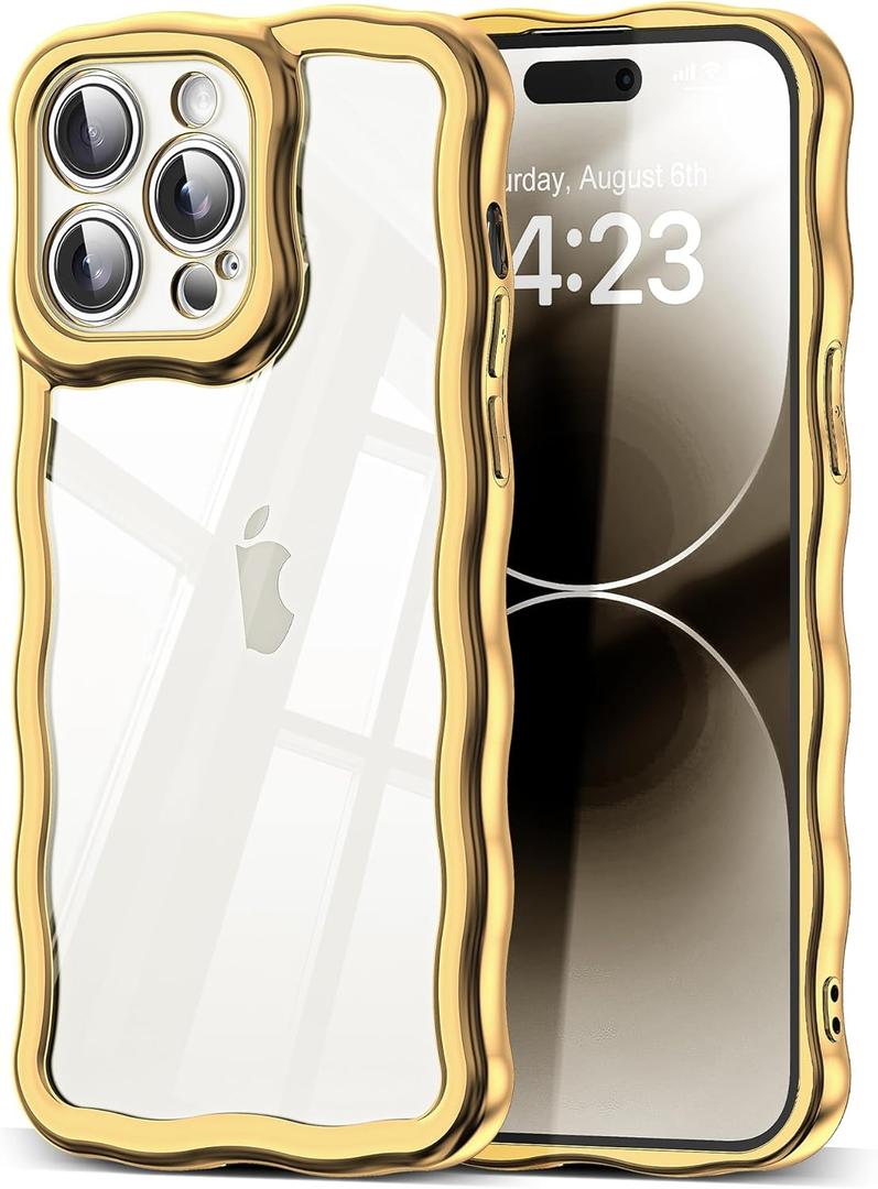 2 x SKYLMW Compatible with iPhone 14 Pro Case, Kawaii Cute Curly Wave Frame Luxury Plating Edge, Stylish Glossy Clear Back, Soft TPU Shockproof Protective Cases for iPhone 14 Pro, Gold