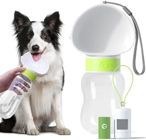 Dog Water Bottle Bowl and Dog Poop Bag Dispenser Holder with 1 Roll Bag for Pets Outdoor Walking, Hiking, Traveling (White Green-12OZ)