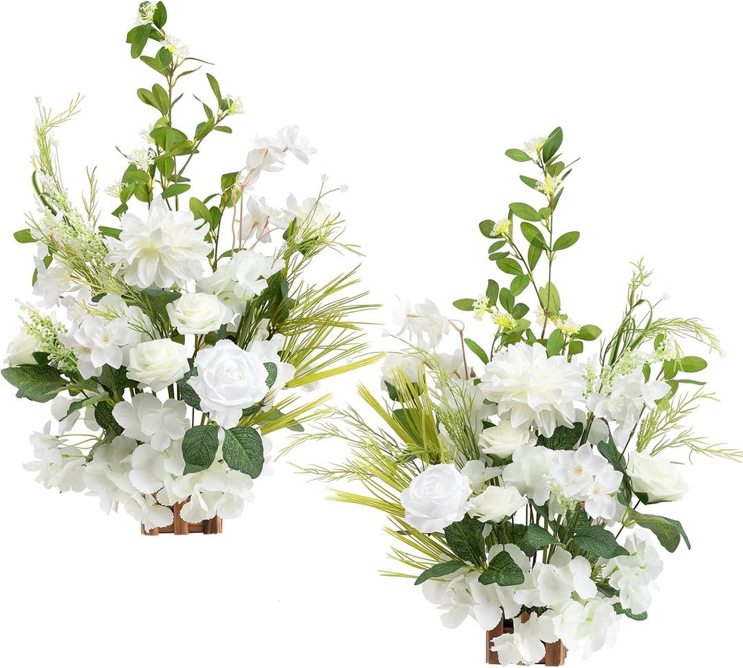 Ling's Moment 17.5" Tall Free Standing Artificial Flowers Arrangements 2 pcs Wedding Aisle Runner Chair Decorations Lily White Green Centerpieces for Ceremony Reception Rose Floral Floor Party Outdoor (Wht- Lily of the Valley White)