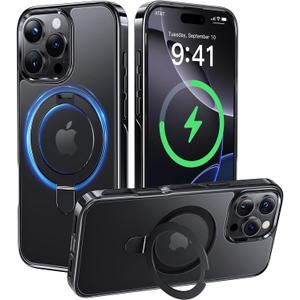 Alphex Titanium Stand Case for iPhone 16 Pro, Polished Black Titanium, Military Grade Drop Protection, Magnetic Stand, Slim 6.3 inch Phone Case