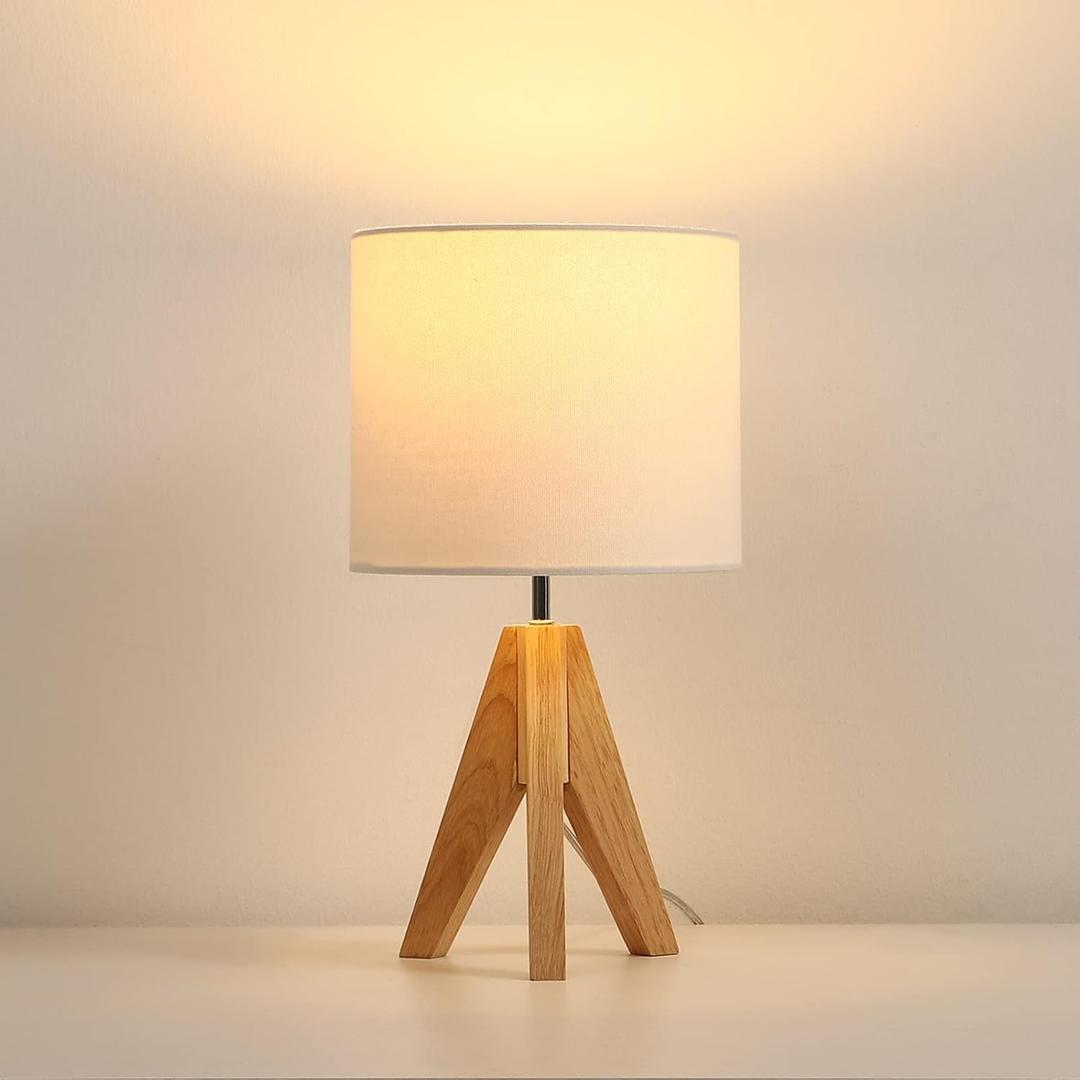 Ligrel Mid Century Table Lamp - Small Side Table Lamp with Linen Shade, 14.2 Inch Bedside Lamps for Night Stands, Bedroom, Living Room, Wood Base, E26 Socket（1pcs）