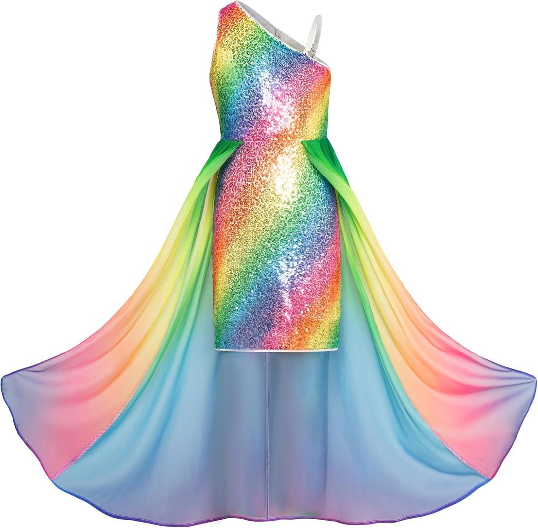 GRACE KARIN Girls Sequin Dress One Shoulder Birthday Party Prom Dresses 6-14Y (7-8 Years, Multicolor Rainbow)