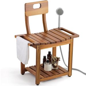 BLUEWEST 23.4'' Shower Chair with Backrest Bath Chair for Inside Shower or Tub, Heavy Duty 450 lbs Support, Non-Slip Feet, Shelf Storage, Built-in Handles for Elderly or Adults (Acacia) (Large)