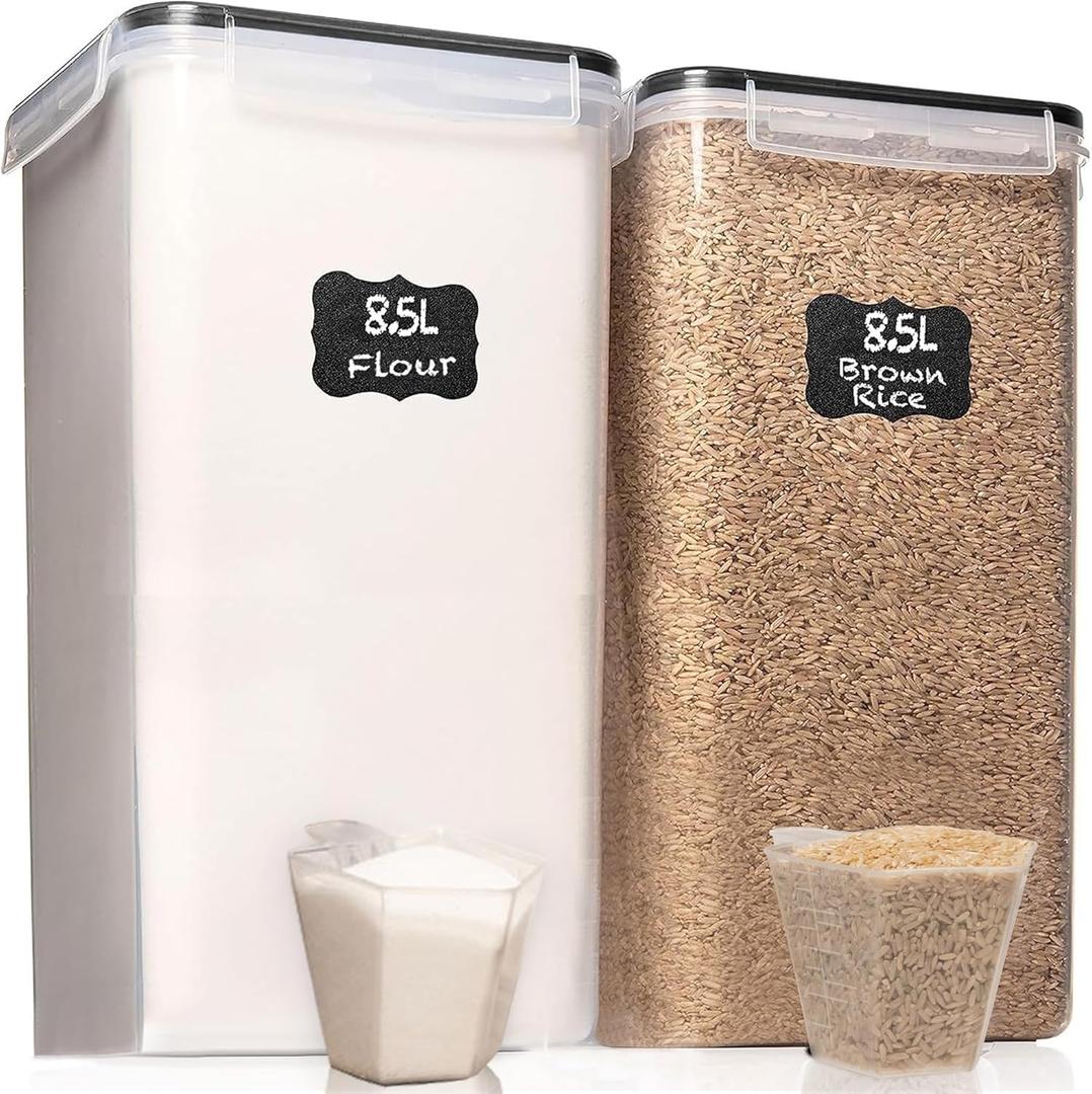 WHITE FEATHER SUPPLIES 8.5L/287Oz Extra Large Airtight Food Storage Containers (2 PC) with Lids, Kitchen and Pantry Organization Containers for Baking Supplies, Cereal, Flour, Sugar, Rice (BPA Free) (Black)