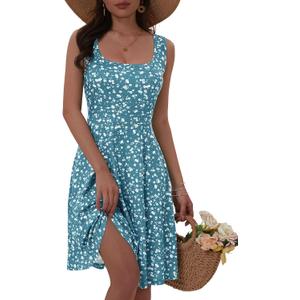 FENSACE Summer Dresses for Women Sleeveless Knee Length Floral Tank Dress (Blue, M)