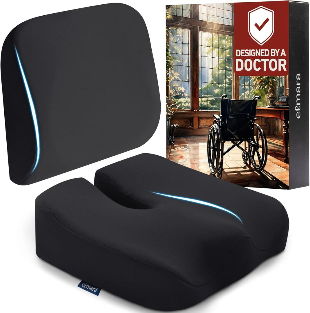 Elmara Doctor-Designed Wheelchair Seat Cushion Set is The Ultimate Comfort Solution  Thick Wheelchair Cushions Relieve Back & Sciatica Pain  Wheel Chair Cushions for Seniors, Wheelchair Pad (Black)